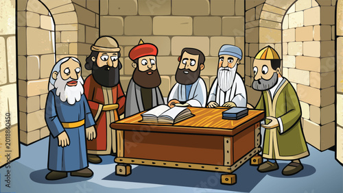 Fotografía Ancient biblical scene illustration, group of wise men discuss, book study at table in stone room
