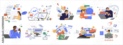 Overloaded workflow concept with laptop and notifications, multitasking stress, productivity burnout, flat vector illustration