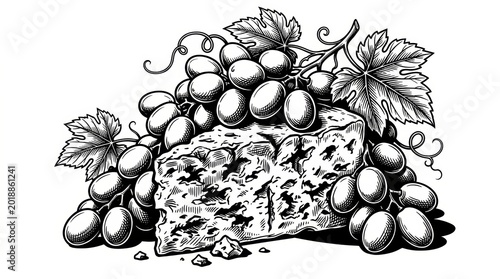 Cheese wedge accompanied by fresh grapes and vine leaves, depicted in a gourmet food composition, black-and-white sketch engraving style vector illustration created with generative AI.