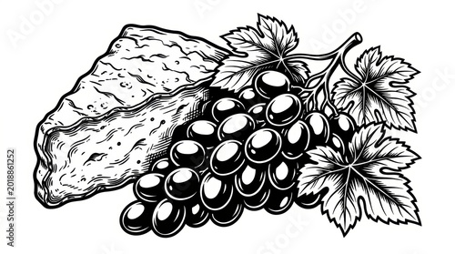 Cheese wedge accompanied by fresh grapes and vine leaves, depicted in a gourmet food composition, black-and-white sketch engraving style vector illustration created with generative AI.