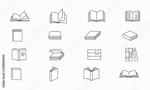 Fotografia Set of minimalist linear book icons collection includes open textbooks manuals magazines hardcovers notebooks journals folders and stacked literature silhouettes isolated on white vector background