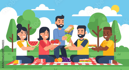 Diverse group of friends enjoying a summer picnic outdoors.