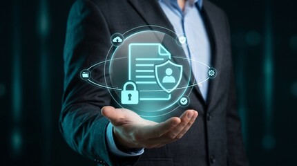 Businessman presenting digital security concept with shield document and lock on hand in dark background