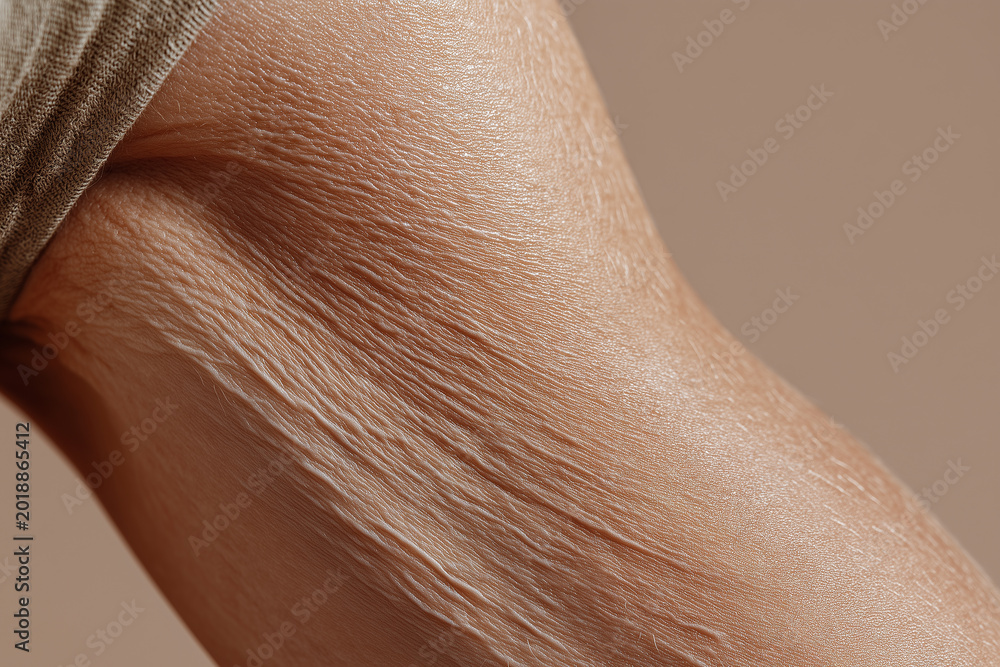 Fototapeta premium Close up of knee skin fold with natural lines and smooth texture showing fine wrinkles and soft lighting conveying gentle mood