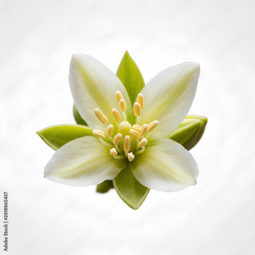 Fototapeta premium Closeup of a delicate white citrus blossom with vibrant green leaves.