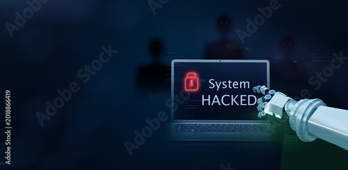 Tableau sur toile Cyber security, System hacked alert after cyber attack on computer network with hackers in behind to steal the information by Virus, Spyware, Malware or Malicious software internet is a cybercriminal