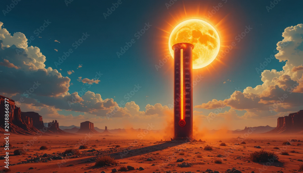 Fototapeta premium Surreal landscape features towering thermometer desert setting, with large sun radiating bright light. scene evokes feelings of heat and intensity, surrounded by dramatic clouds and distant rock