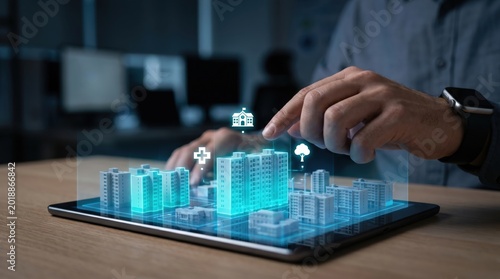 Smart City and PropTech Real Estate Concept: Hand Interacting with Holographic 3D City Map, Highlighting Residential Zones and Local Amenities on a Tablet
