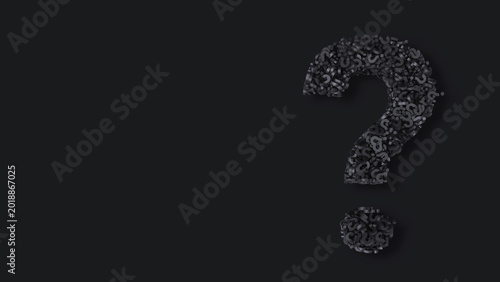 Black question mark on black background.  Question concept. 3d render.