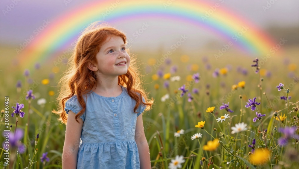Fototapeta premium Young redheaded girl gazing at rainbow in flower meadow