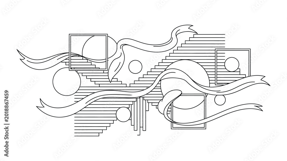 Obraz premium Abstract geometric line art composition with flowing ribbons and shapes.