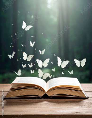 An open book with white butterflies flying out in a magical forest creates an enchanted story concept.