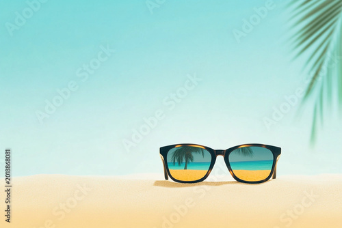 A pair of mirrored sunglasses resting on the sand, with a tiny, distant palm tree reflected in one lens. The background is a smooth gradient from pale turquoise at the top to warm sandy beige