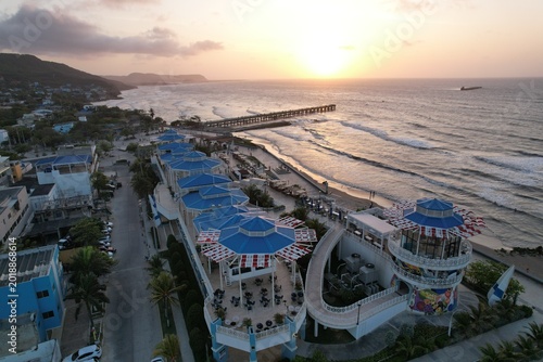 Aerial Sunset View of Puerto Colombia Beach and Pier Near Barranquilla Colombia