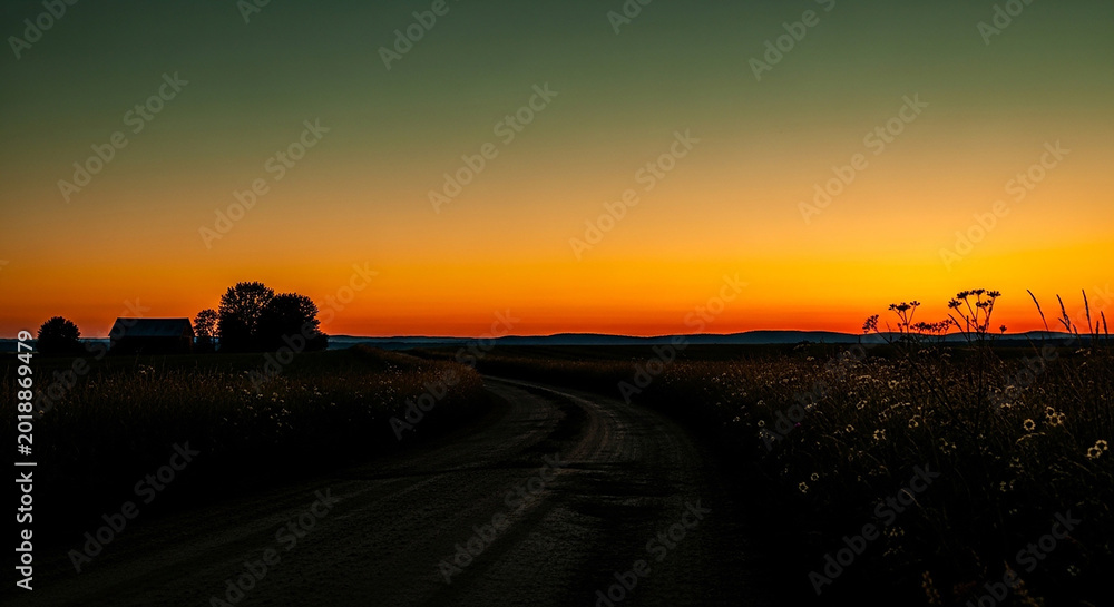 Fototapeta premium Rural Sunset Dirt Road Leading to Farm Buildings, Golden Hour Landscape