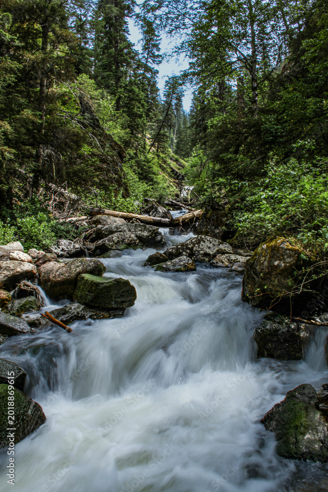 Fototapeta premium motion capture photo of Fall Creek waterfalls at the mouth of the creek with the Southfork of the Clearwater River in Idaho