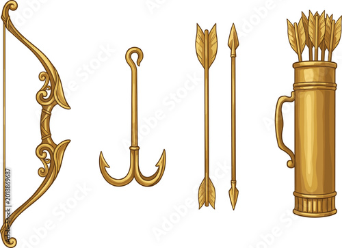 Tableau sur toile Golden fantasy archery set including ornate bow arrows quiver and grappling hook