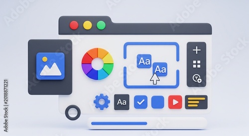 3D Render of a Creative Design Interface Window with Editing Tools and Icons for Digital Graphic Projects