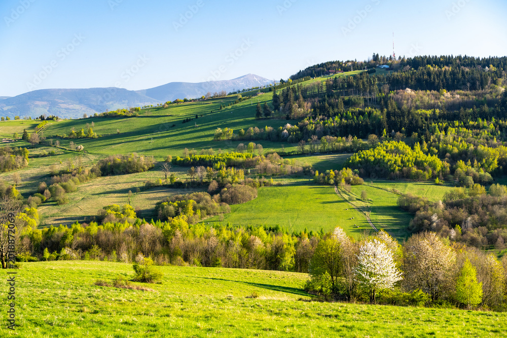Fototapeta premium view on Karkonosze and Kaczawskie mountains during spring in Poland