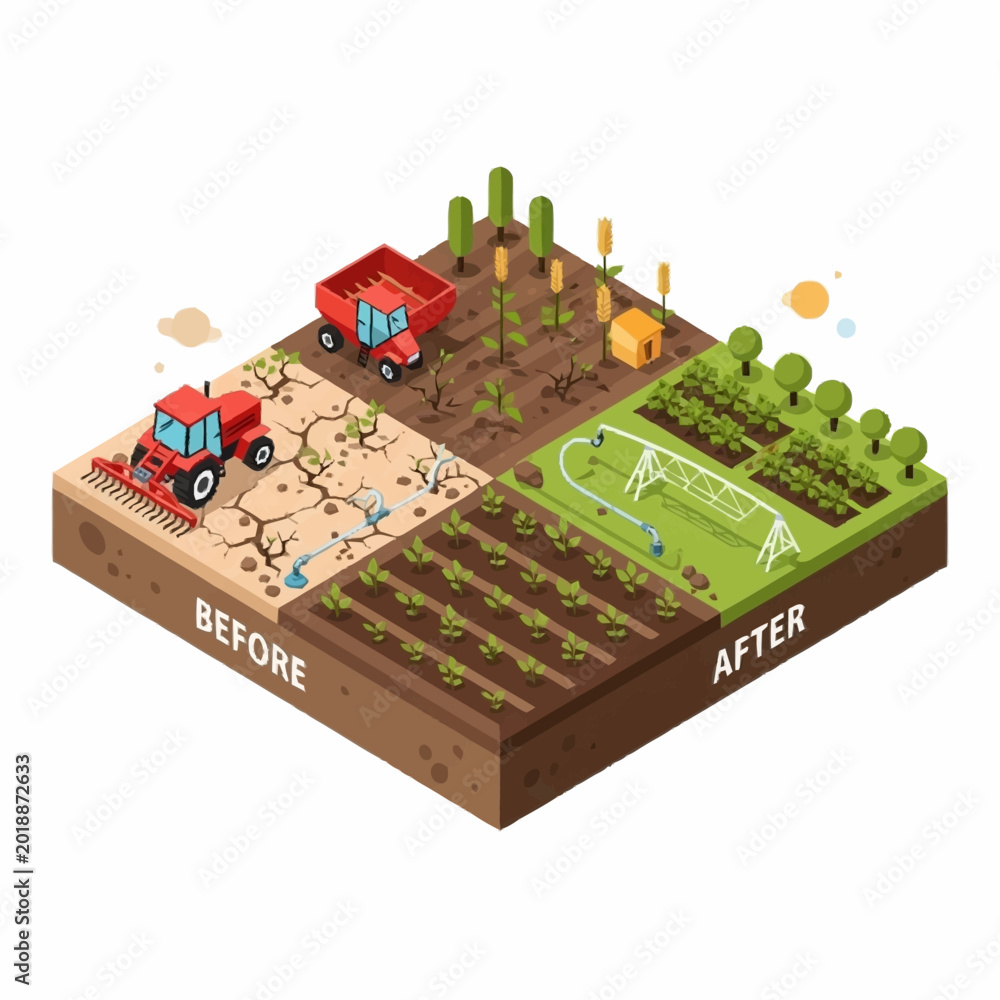 Obraz premium Farming transformation from dry land to fertile growth illustration.