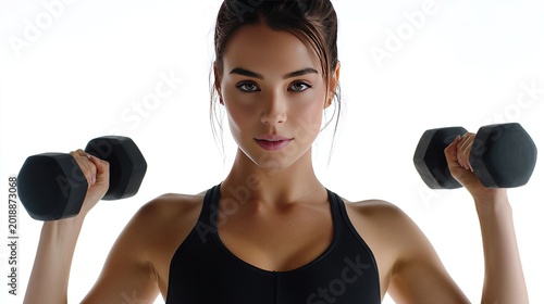 Strength and Serenity: A poised individual, embodying fitness, stares directly, holding weights. The photograph communicates dedication, healthy lifestyle, and inner fortitude.