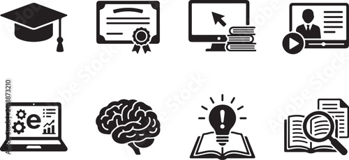 Education icons, learning symbols, school vector graphics, academic illustrations