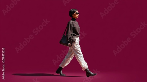 Modern Stroll: A chic person walks confidently across a magenta backdrop, embodying urban sophistication and timeless style.