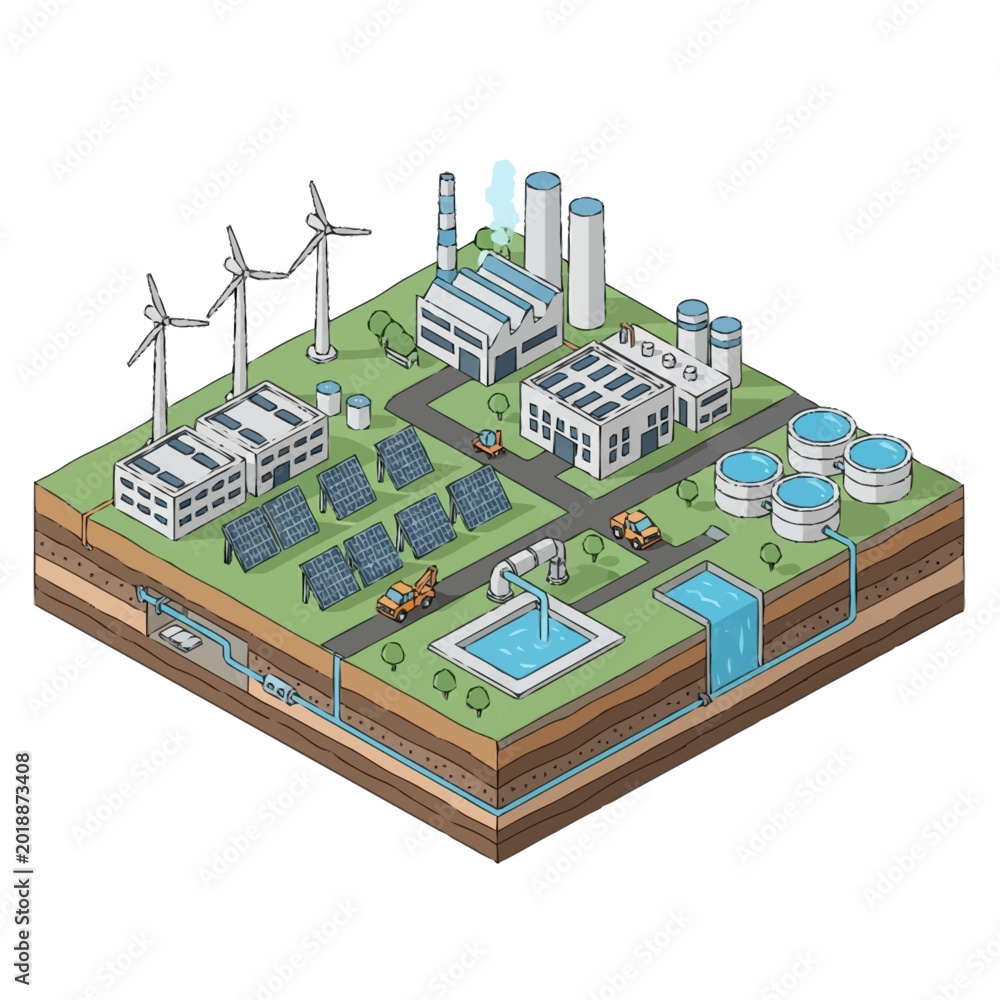 Obraz premium Modern Industrial Energy Production and Distribution System Illustration.