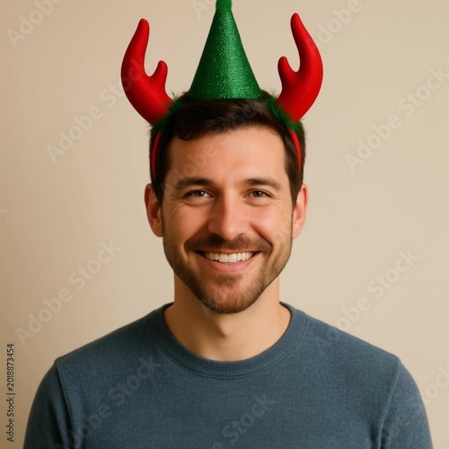 Smiling man wearing festive reindeer antlers in a neutral background  