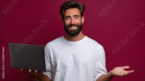 Smiling Man with Laptop: A cheerful man with a beard stands with a laptop, exuding confidence, and approachability. A modern portrait of digital connectivity and user-friendliness.