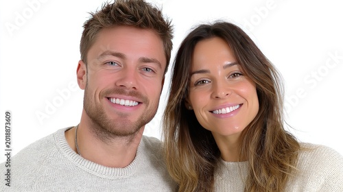Radiant Couple’s Portrait: A close-up shot of a smiling couple, their faces alight with happiness, their expressions reflecting contentment and a strong bond.