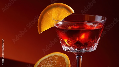 Delectable Cocktail: A close-up view of a perfectly crafted cocktail, with a vibrant orange slice garnish, creating a tempting and inviting scene. 