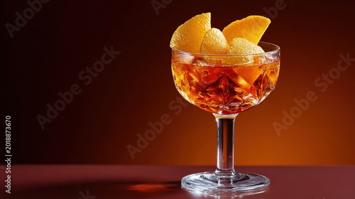 Sophisticated Cocktail Delight: A close-up shot captures the allure of a refined cocktail, garnished with vibrant orange zest. The crystal glass reflects the rich amber tones.