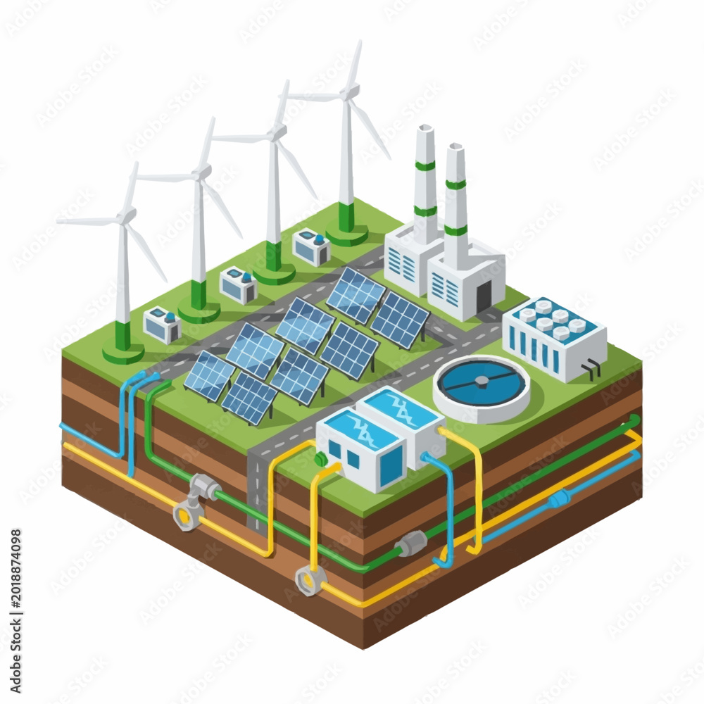 Naklejka premium Sustainable energy production complex with wind turbines and solar panels.