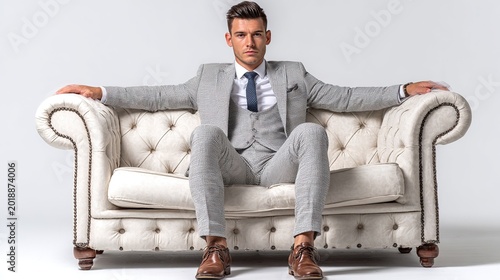 Poised Confidence in a Tailored Suit: A sharply dressed man exudes confidence, seated elegantly on a plush, classic sofa, with open arms to welcome a new endeavor.