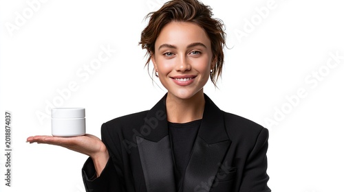 The Beauty of Confidence: A portrait of a woman of grace and charm, confidently presenting a cosmetic product, radiates a message of beauty and self-assuredness.