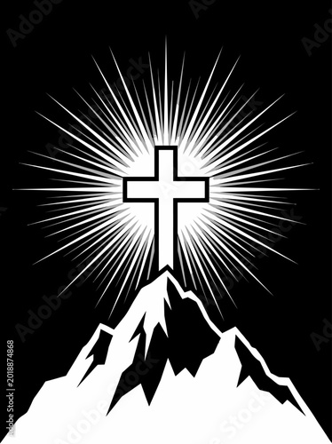 White mountain landscape silhouette with sacred cross emblem and radiant glowing light burst effect isolated on black background for spiritual faith artistic design concepts and religion illustration.