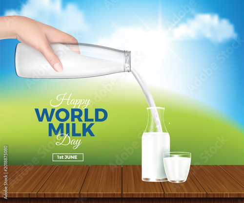 World Milk Day Background. Fresh Milk Pouring, Dairy Product, Healthy Drink