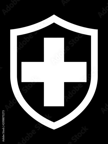 Medical shield icon with white cross symbol on black background for healthcare protection concept first aid emergency response clinical safety emblem minimalist vector illustration for hospital sign.