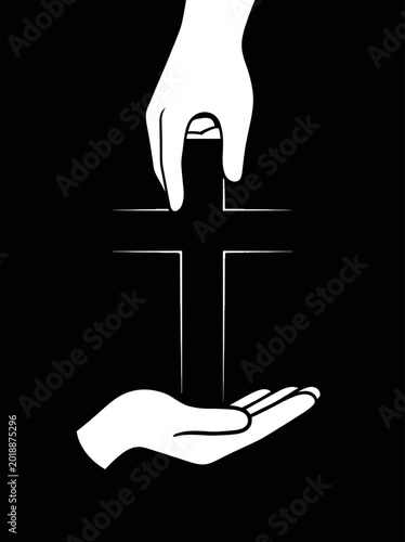 Hand holding christian cross from above and below representing divine protection and human faith for religious support concept spiritual connection icon vector illustration on black background art.