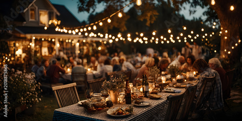At dusk, friends gather to have a cozy barbecue party in their backyard under string lights.