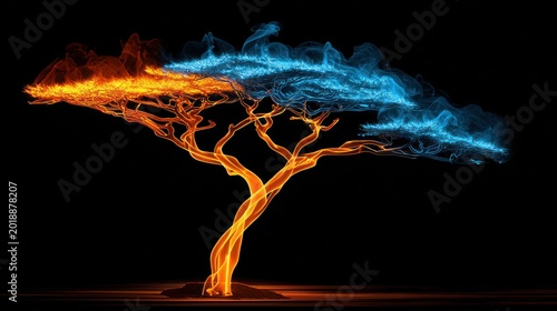 Tree of fire and ice, branches ablaze, contrasting elements, isolated on black background