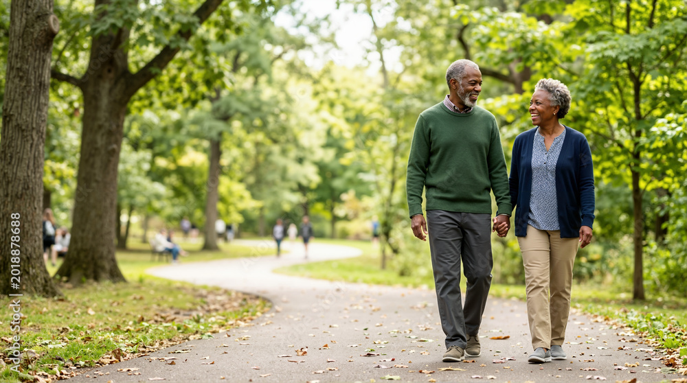 Obraz premium Elderly Black couple walking hand in hand on a park pathway. Smiling senior African American man and woman enjoying a romantic stroll. Active retirement lifestyle