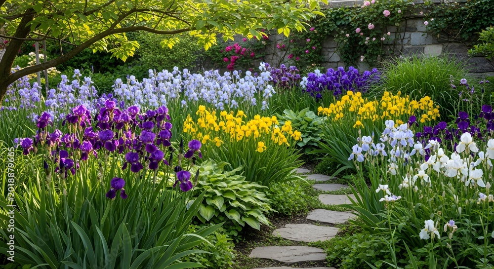 Obraz premium Spring garden landscape with blooming colorful iris flowers and stone path under green trees.