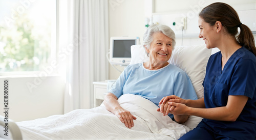 Caring nurse holding hands with smiling elderly Caucasian female patient in hospital bed. Compassionate healthcare professional comforting senior woman in clinic ward