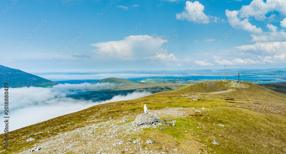 Naklejka premium Aerial view from Minaun Heights on Achill Island, County Mayo, Ireland. Panoramic Atlantic landscape with Croaghaun, Clew Bay and wild mountain scenery.