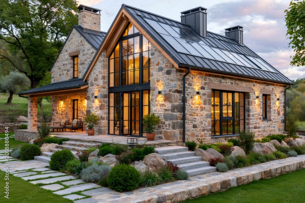 Fototapeta premium Modern stone house with solar panels at dusk