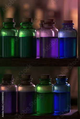 Colorful Glass Bottles with Stoppers on Wooden Shelves in Dim Light.