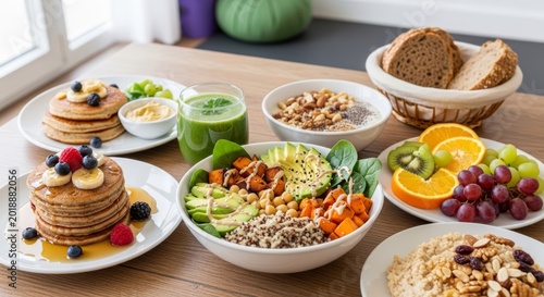 Wholesome and nutritious breakfast spread featuring a vibrant Buddha bowl, fluffy pancakes with berries, fresh fruits, and a refreshing green smoothie, perfect for a healthy start to the day