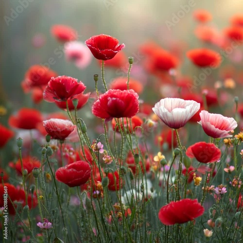 Vibrant red and white poppy flowers blooming in a sunny meadow  